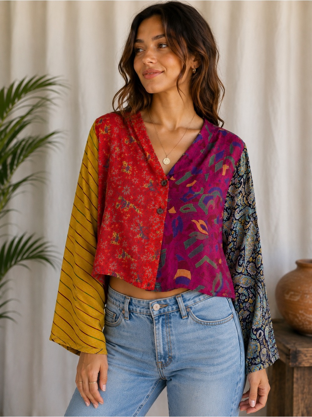 Vintage Sterling Styles 100% Silk Patchwork Tie-Back Boho Blouse made in India M